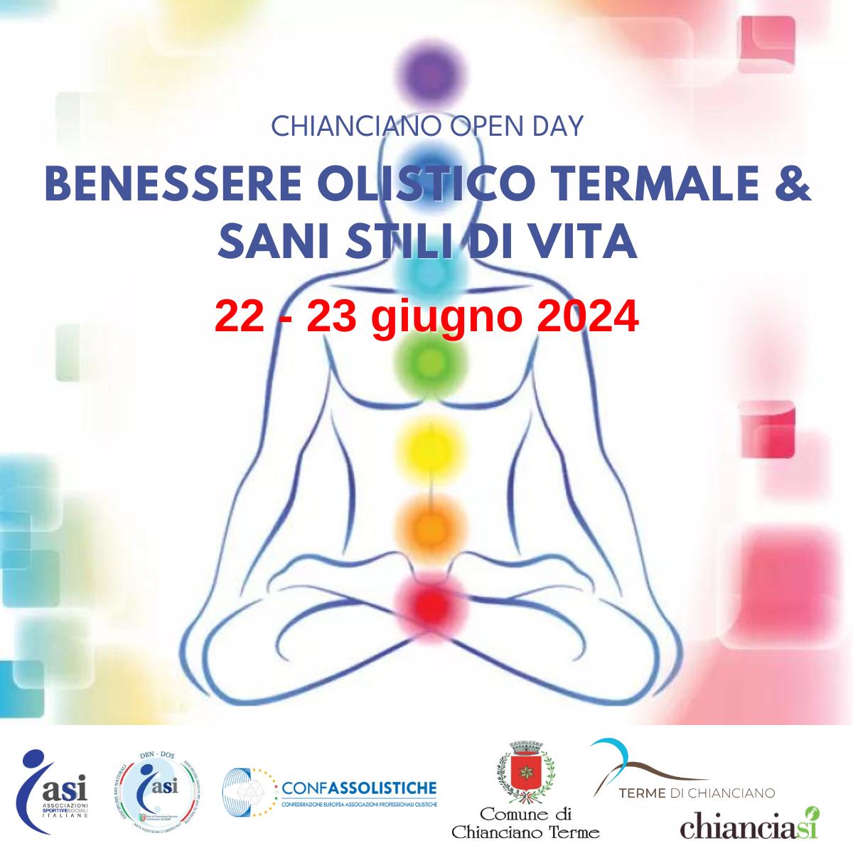 Locandina dell'Open Day a Chianciano Terme il 22-23 giugno 2024, evento dedicato al benessere termale olistico e a uno stile di vita sano.