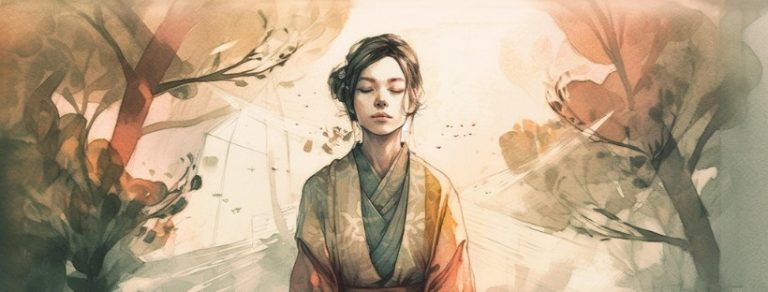 Visualizzazione mentale: tecniche e benefici per il benessere 1 Donna in meditazione immersa nella natura, simbolo di visualizzazione mentale e benessere interiore.