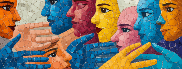 Mosaico colorato di volti e mani che si intrecciano a simboleggiare la comunicazione tra le persone.