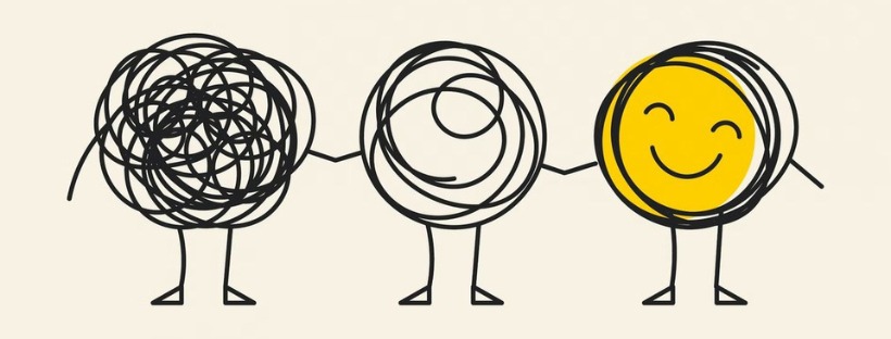 Illustrazione concettuale della trasformazione dei pensieri: da un groviglio nero e caotico che rappresenta lo stress, a un groviglio che inizia a dipanarsi, fino a diventare un cerchio giallo e ordinato con un volto sorridente che rappresenta il pensiero positivo e il benessere.