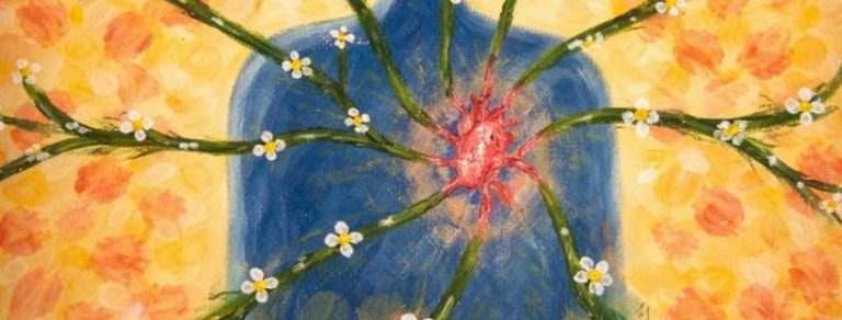 Cervello ed emozioni 1 Dipinto simbolico su sfondo astratto di un cuore centrale da cui si diramano rami verdi con piccoli fiori bianchi, che rappresenta il benessere e la crescita che nascono dalla condivisione emotiva.