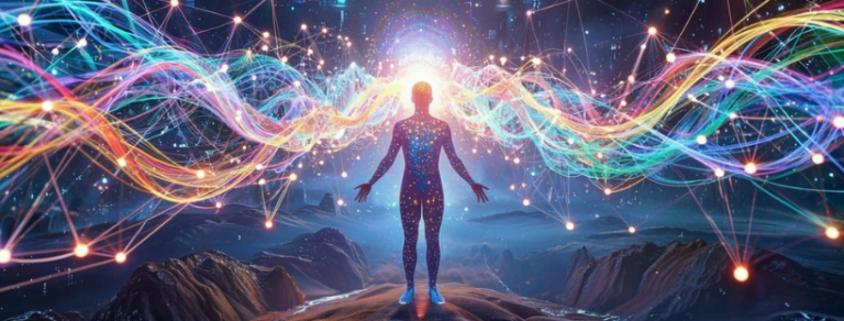 IL PENSIERO - 1° Puntata: Dove nasce davvero un pensiero 1 Sagoma umana stilizzata e illuminata al centro di una rete neurale digitale con fasci di luce e connessioni sinaptiche colorate.
